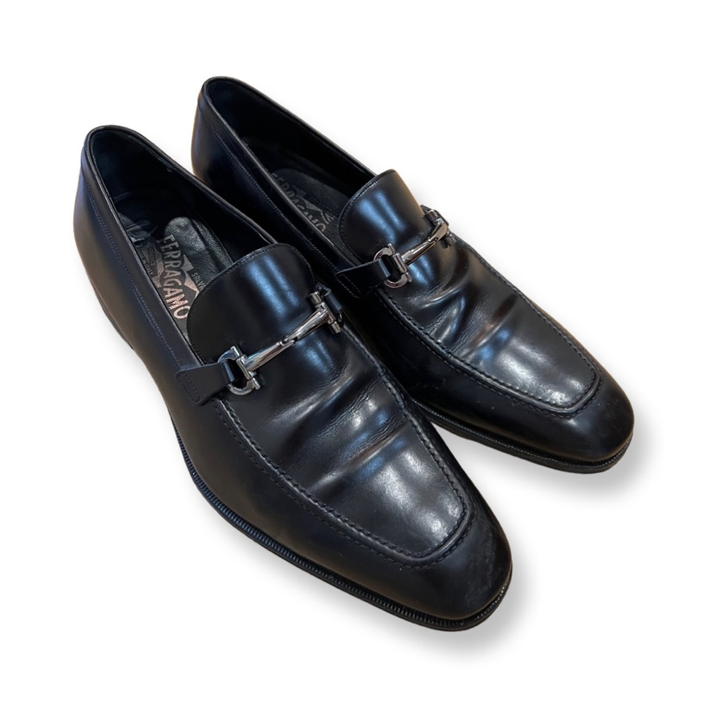 Salvatore Ferragamo Black Leather Loafers w/ Silver Horsebit